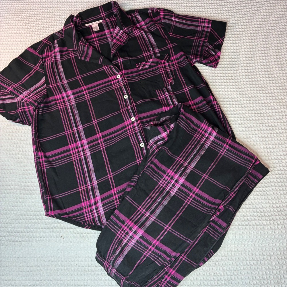 Victorias Secret Pink Black Plaid Metallic Pajama Set Short Sleeve Jogger Medium
